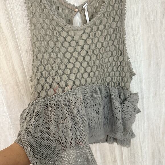 Free People Blouse Size Medium Varsity Lace Peplum Top Boho Chic Romantic Brown - Picture 10 of 14